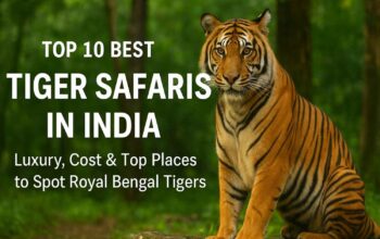 Banner showing majestic Bengal tiger in its natural habitat with text overlay “10 Best Tiger Safaris in India: Luxury Tours, Costs & Top Parks