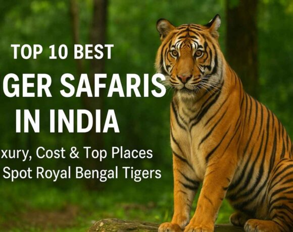 Banner showing majestic Bengal tiger in its natural habitat with text overlay “10 Best Tiger Safaris in India: Luxury Tours, Costs & Top Parks