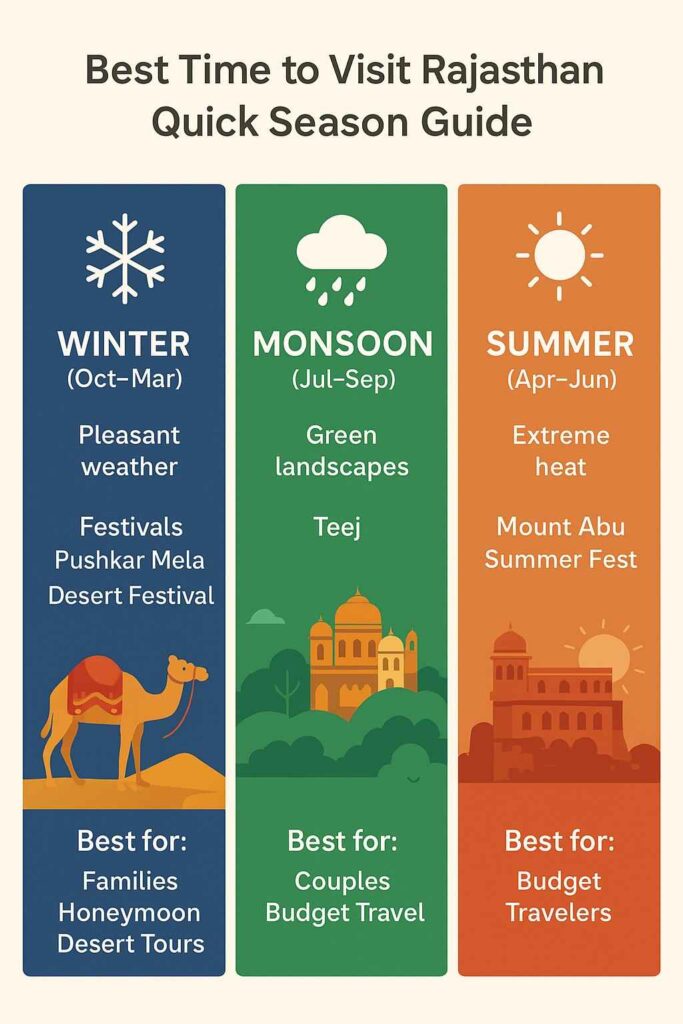 Infografics Image for best time to visit rajsthan, showing winter, monsoon, and summer season with best mont to visit and festivals