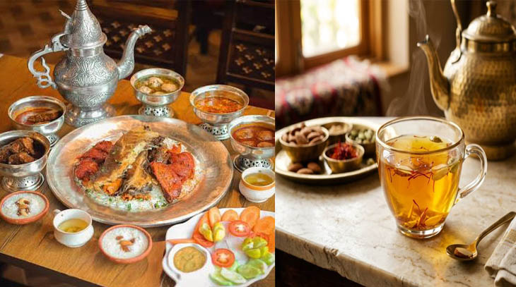 Traditional Kashmiri Wazwan feast with Kahwa tea