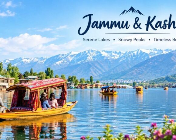 Collage of top destinations in Jammu, Kashmir and Ladakh — Dal Lake, Gulmarg, and Pangong Lake