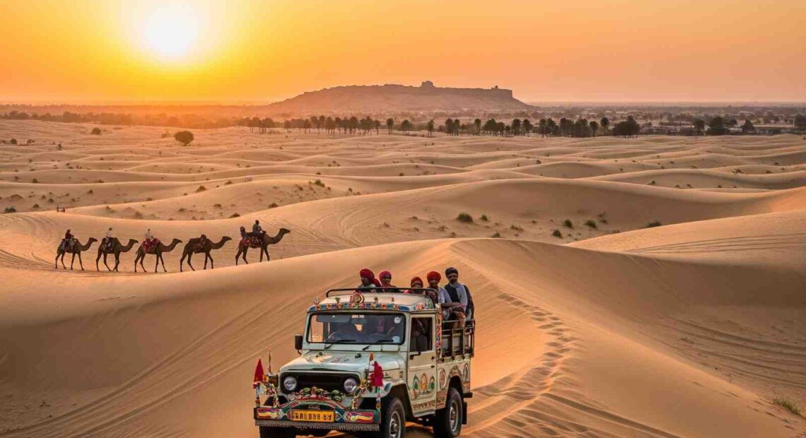 A jeep and camel caravan on golden sand dunes at sunset in the Thar Desert, Rajasthan
