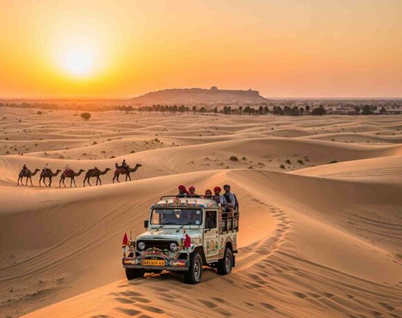 A jeep and camel caravan on golden sand dunes at sunset in the Thar Desert, Rajasthan