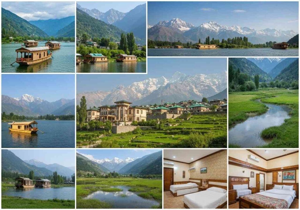 A collage of different accommodation and scenic views in Jammu and Kashmir. It includes multiple images of traditional houseboats on a lake, a beautiful hotel in a terraced landscape, a winding river through a grassy valley, and interior shots of hotel rooms.