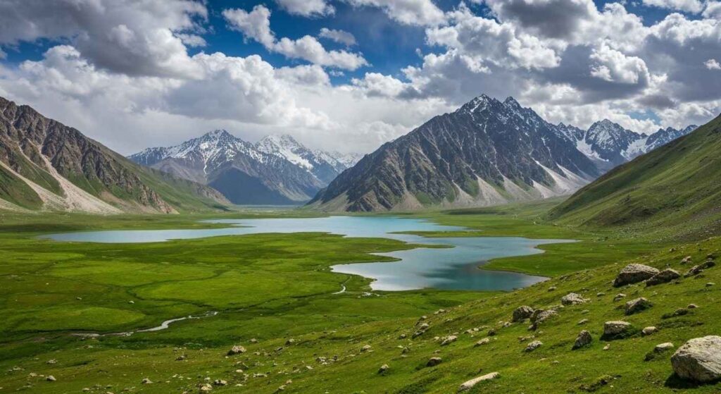 A wide shot of a stunning mountain landscape with a turquoise-colored lake winding through a vibrant green valley. The valley is surrounded by snow-capped mountains under a dramatic sky with white clouds.
