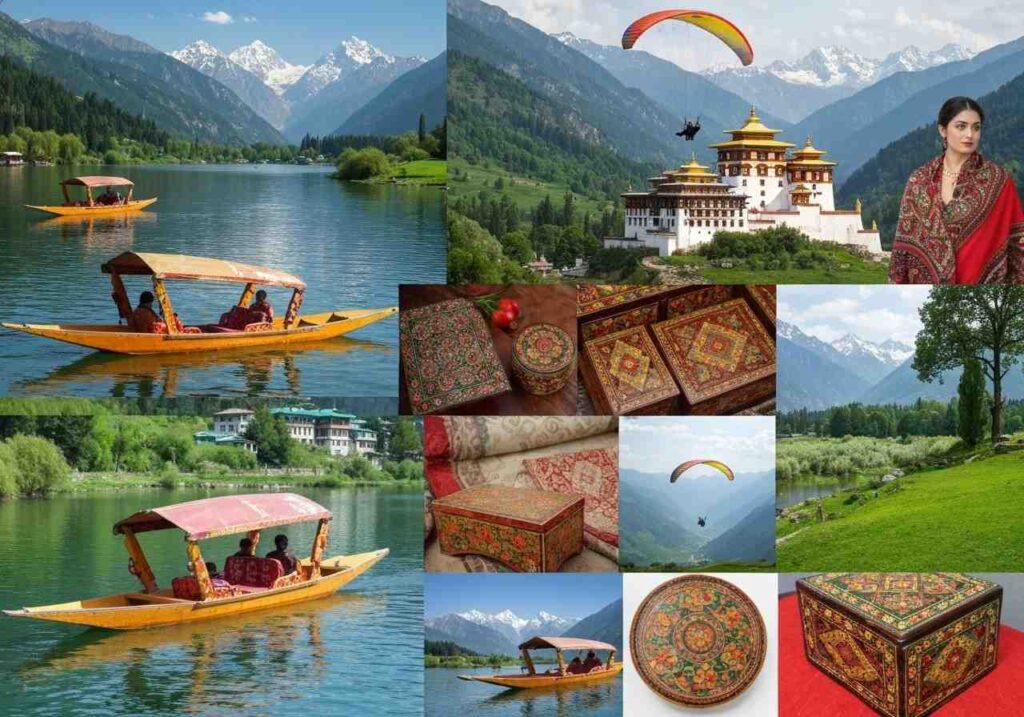 A collage of images showcasing popular activities in Jammu and Kashmir. It features shikara rides on a lake, paragliding over mountains, a famous personality, a traditional Kashmiri temple, and close-ups of handcrafted papier-mâché boxes and a round tray.