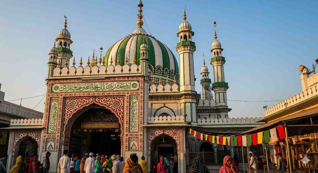 An image of the Ajmer Sharif Dargah, with its vibrant dome and minarets. The image captures the spiritual significance of the city as a pilgrimage destination for people of all faiths.
