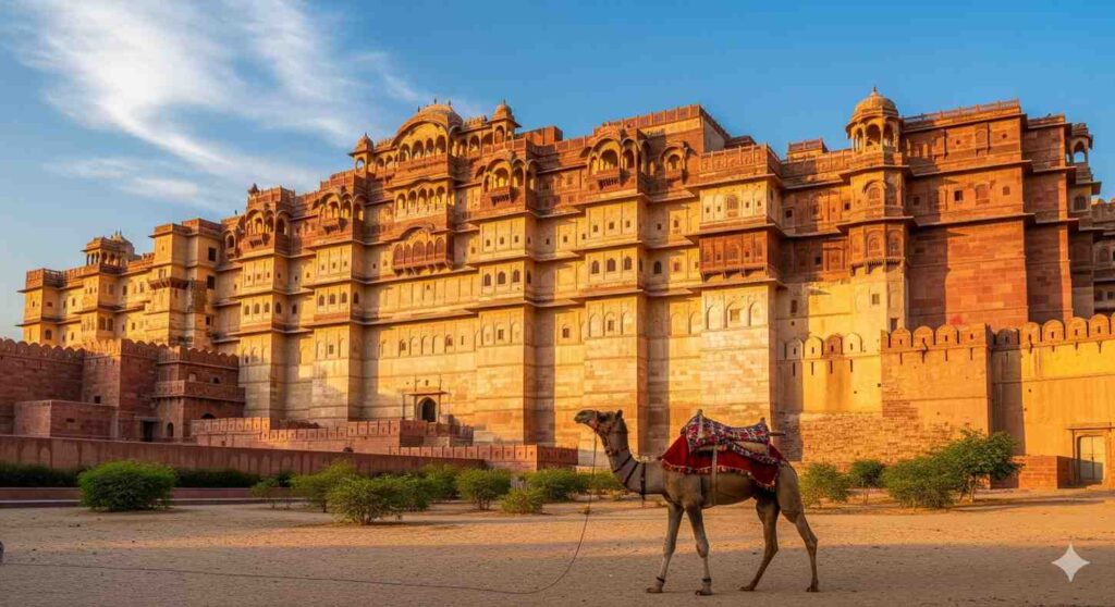 An image of the Junagarh Fort in Bikaner, showcasing its magnificent architecture. The image might also include a camel, highlighting the city's role in desert culture and camel treks.