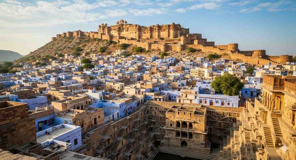 A picture of the historic Taragarh Fort overlooking the town of Bundi. The image also features the town's signature blue-washed houses and a stepwell, highlighting its unique artistic and architectural heritage.