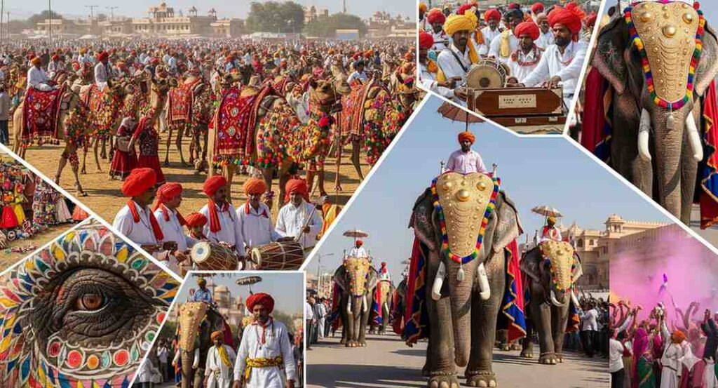 A collage of images capturing the vibrant cultural festivals of Rajasthan. The images might feature the Pushkar Camel Fair, with its colorful attire and decorated camels, and the Jaipur Elephant Festival, with elephants adorned in vibrant colors.