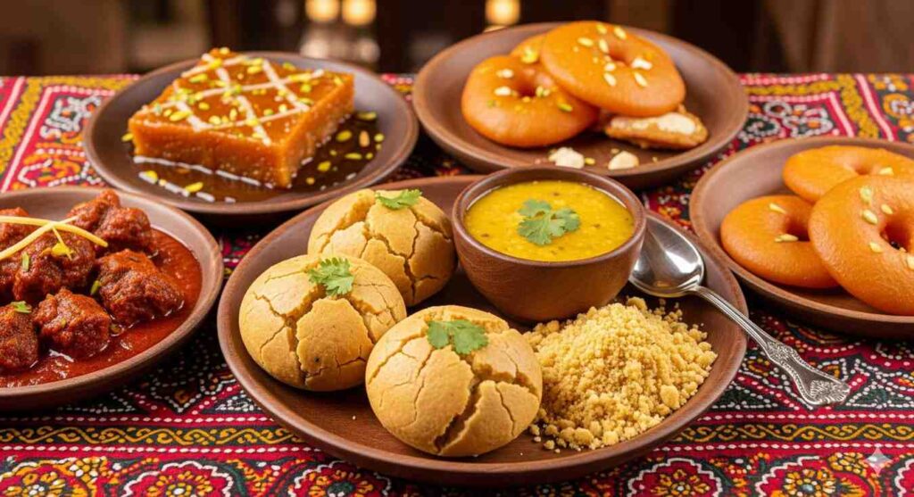 An appetizing image showcasing the culinary delights of Rajasthan. The image could feature a platter of Dal Baati Churma, a plate of Laal Maas, or a close-up of local sweets like Ghevar, highlighting the rich and diverse food scene of the state.