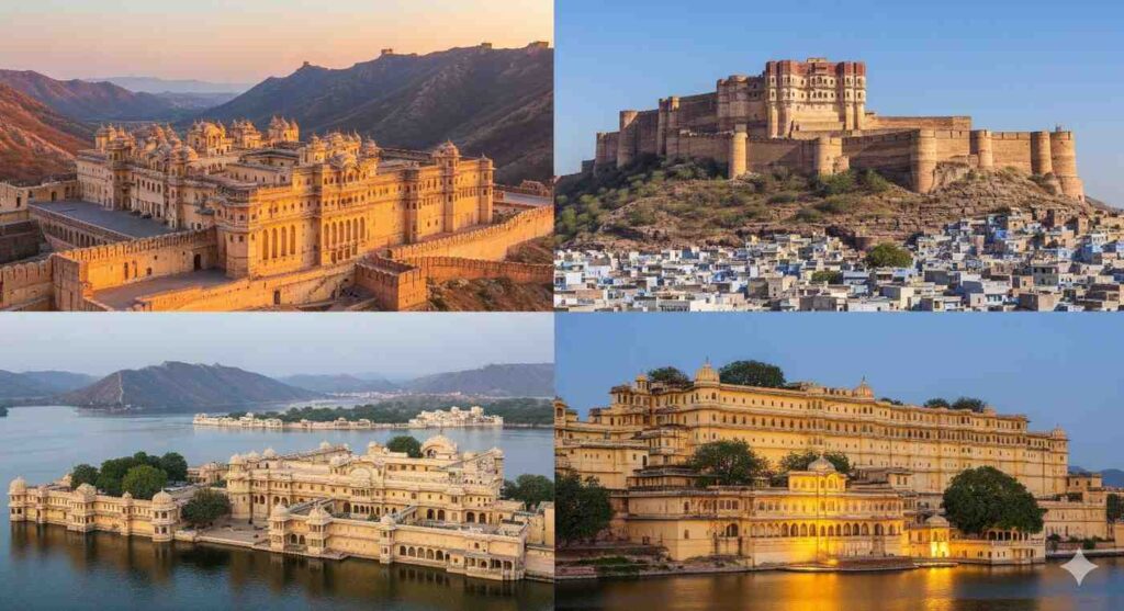  A collection of images featuring famous forts and palaces of Rajasthan. It could include the Amber Fort, the Mehrangarh Fort, and the City Palace of Udaipur, emphasizing the state's majestic architectural heritage.