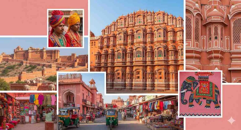 A collage of images showcasing the key attractions of Jaipur, including the Hawa Mahal, a sprawling palace with intricate latticework and the Amber Fort. The images capture the unique pink hues of the city's historic buildings.

