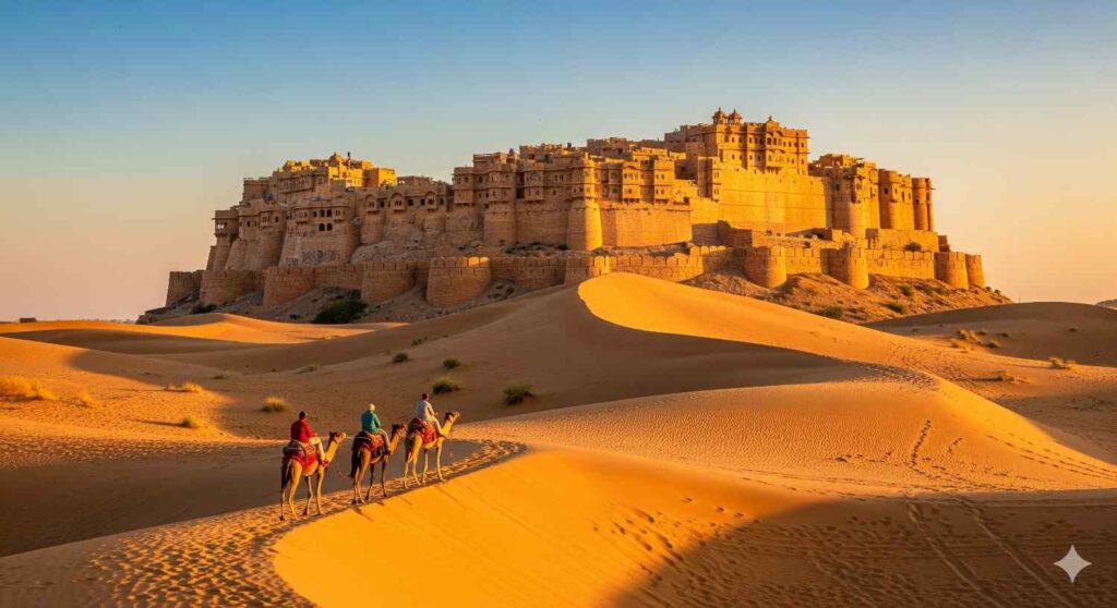A beautiful shot of the Jaisalmer Fort, a "living fort" made of golden sandstone, glowing under the sun. The image also captures the vast Thar Desert, where camel safaris are a popular activity.