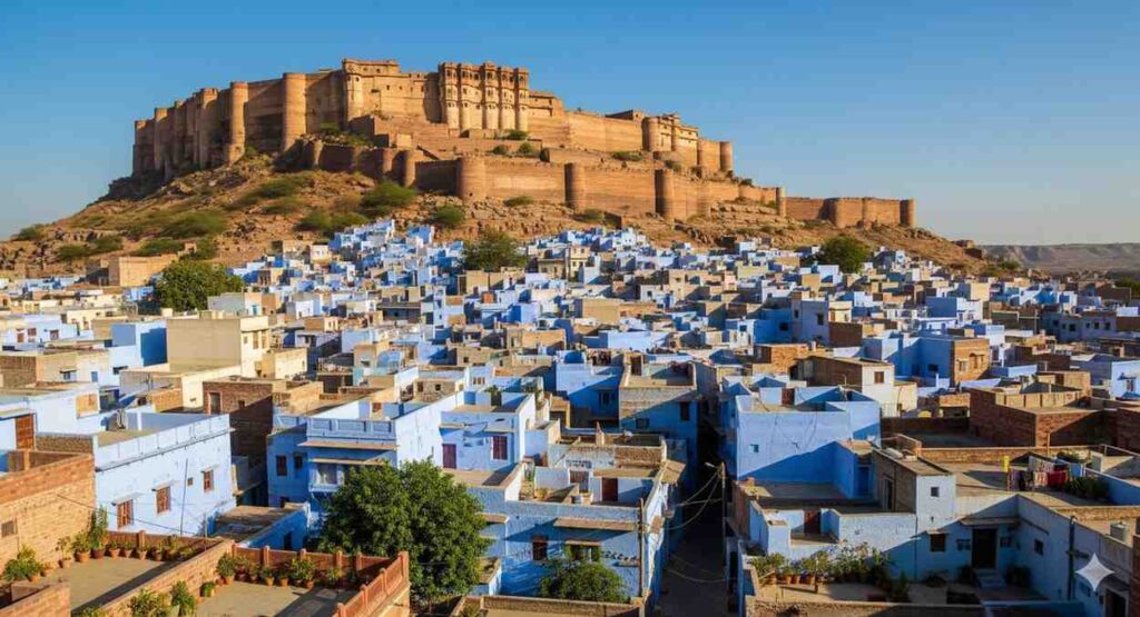 A scenic view of the blue-painted houses of Jodhpur, with the imposing Mehrangarh Fort towering over the city in the background. The image highlights the city's nickname, the "Blue City," and its iconic fortress.