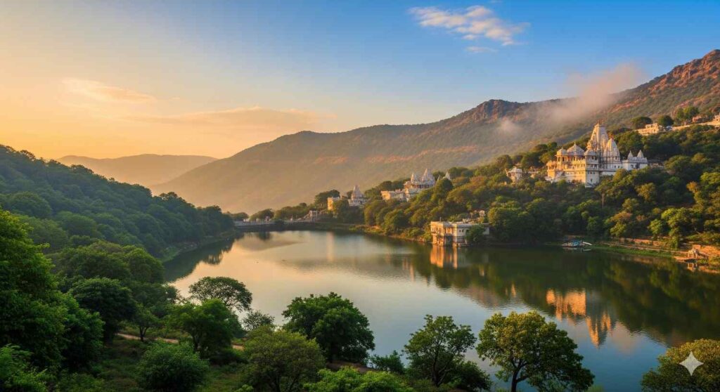 A serene image of Nakki Lake in Mount Abu, surrounded by lush greenery and hills. The image also captures the Dilwara Temples, known for their intricate marble carvings, highlighting the city's dual role as a peaceful escape and a pilgrimage site.