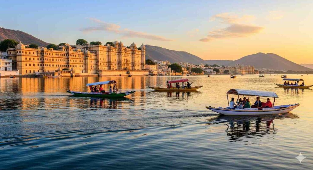 A stunning image of the City Palace in Udaipur, with its intricate architecture reflecting on the calm waters of Lake Pichola. The image captures the romantic and serene atmosphere of the "City of Lakes."