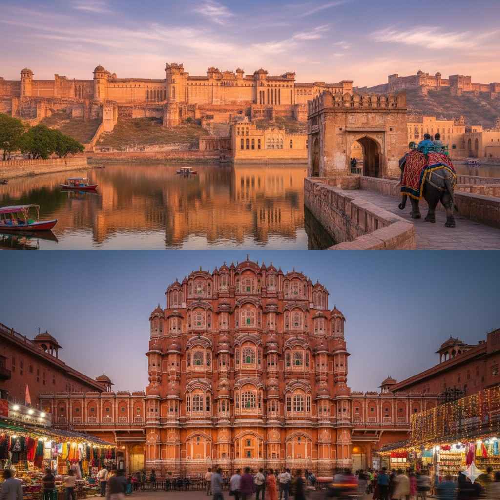 Grand Amer Fort reflected in Maota Lake with an elephant procession in Jaipur. BOTTOM: The iconic, intricate facade of Hawa Mahal (Palace of Winds) in Jaipur, bathed in evening light, with a bustling market street below.
