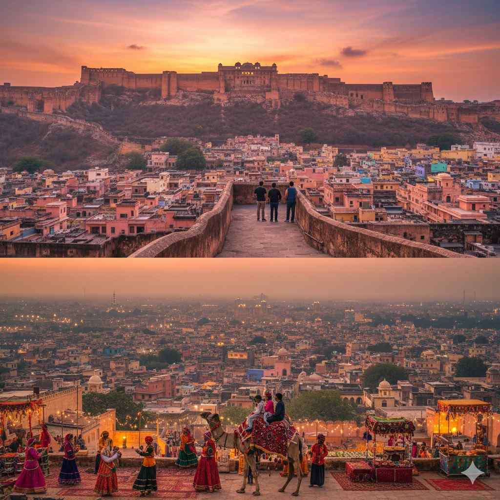 Panoramic sunset view of Nahargarh Fort overlooking the pink cityscape of Jaipur. BOTTOM: Evening scene at Chokhi Dhani with folk dancers, a camel, and traditional stalls illuminated with warm lights.