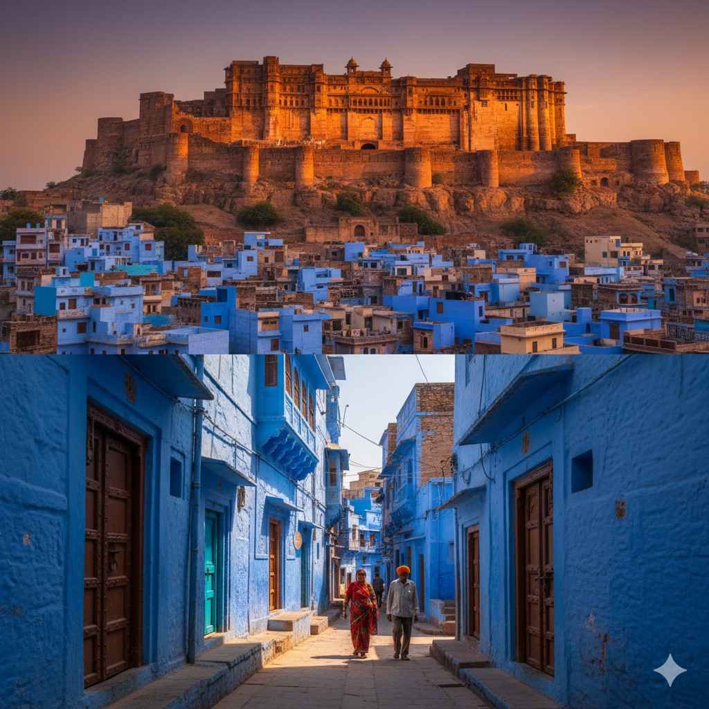 Majestic Mehrangarh Fort towering over the distinct blue houses of Jodhpur at sunset. BOTTOM: A traditional Indian couple walking through a narrow, vibrant blue alleyway in the old city of Jodhpur.