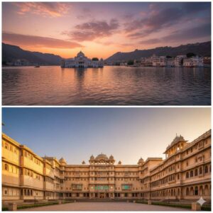 Aerial sunset view over Lake Pichola in Udaipur, showing the sprawling white City Palace complex and the island palace Jag Mandir reflecting in the water, capturing the city's romance.