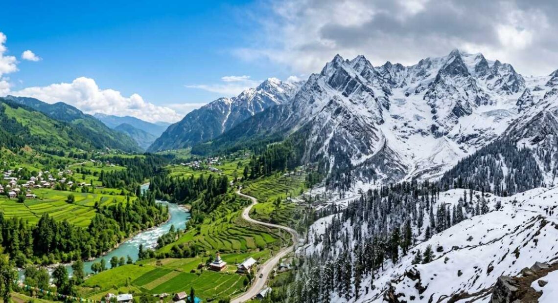 Panoramic view of lush green valleys and snow-capped mountains in Himachal Pradesh, representing the best season to visit Himachal.