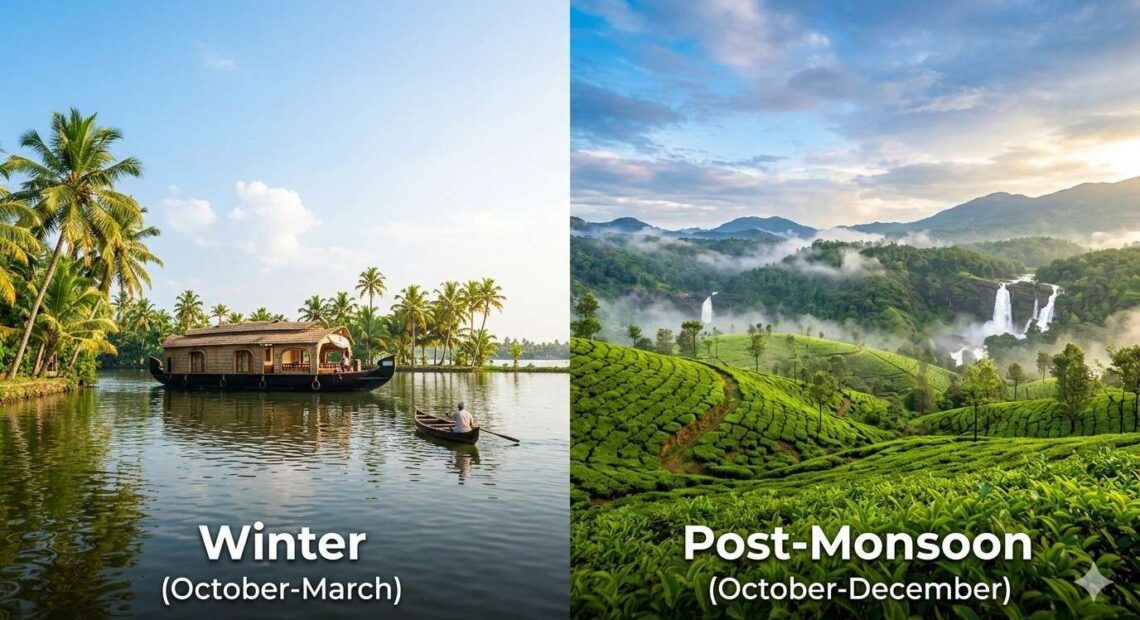 Banner image comparing the best time to visit South India: A sunny Kerala backwater houseboat (left) versus the misty Western Ghats tea plantations after the rainy season in Southern India (right).