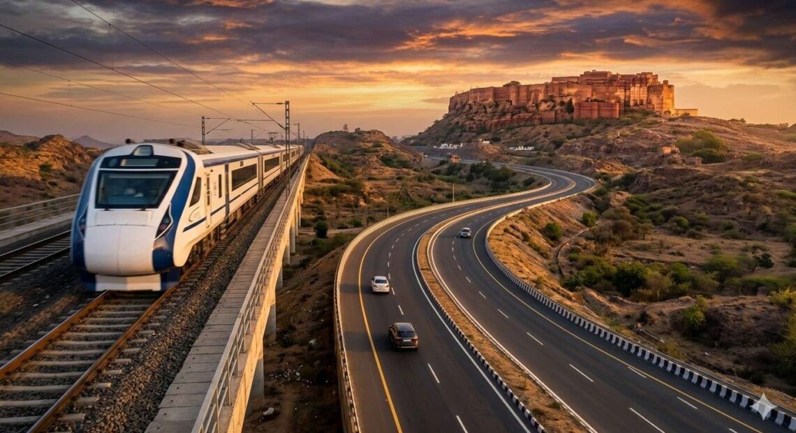 Modern Vande Bharat Express train and the Delhi-Mumbai Expressway leading toward a historic Rajasthani fort at sunset, 2026 travel guide.