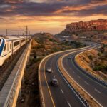 Modern Vande Bharat Express train and the Delhi-Mumbai Expressway leading toward a historic Rajasthani fort at sunset, 2026 travel guide.