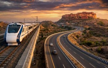 Modern Vande Bharat Express train and the Delhi-Mumbai Expressway leading toward a historic Rajasthani fort at sunset, 2026 travel guide.