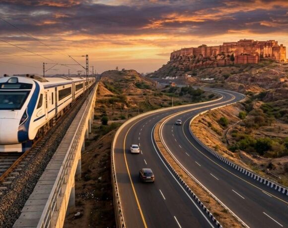 Modern Vande Bharat Express train and the Delhi-Mumbai Expressway leading toward a historic Rajasthani fort at sunset, 2026 travel guide.