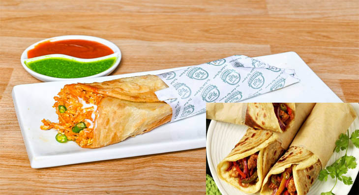 Chicken Kathi Roll wrapped in paratha with onions and green chutney at Al Bake on MI Road, Jaipur