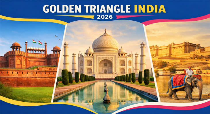 Golden Triangle India — Red Fort Delhi, Taj Mahal Agra and Amber Fort Jaipur composite travel guide image 2026