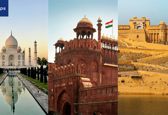 Golden Triangle tour map showing Delhi, Agra and Jaipur connected by road — India travel packages 2026