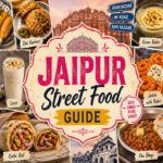 Collage of famous Jaipur street food including Pyaaz Kachori, Lassi, Ghevar, and Golgappa at the Pink City's bustling bazaars