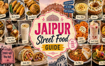 Collage of famous Jaipur street food including Pyaaz Kachori, Lassi, Ghevar, and Golgappa at the Pink City's bustling bazaars
