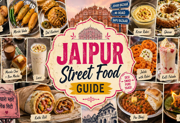Collage of famous Jaipur street food including Pyaaz Kachori, Lassi, Ghevar, and Golgappa at the Pink City's bustling bazaars