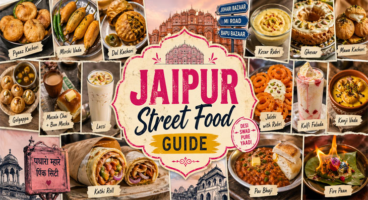 Collage of famous Jaipur street food including Pyaaz Kachori, Lassi, Ghevar, and Golgappa at the Pink City's bustling bazaars
