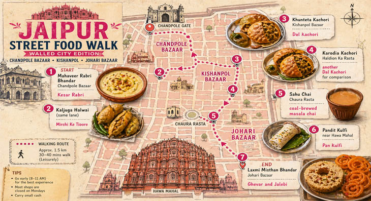 Map of walled city Jaipur street food walk covering Chandpole Bazaar, Kishanpol, and Johari Bazaar with seven numbered stops