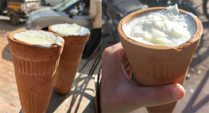 Thick creamy malai lassi in traditional clay kulhad at Shri Mishrilal Lassiwala on MI Road, Jaipur