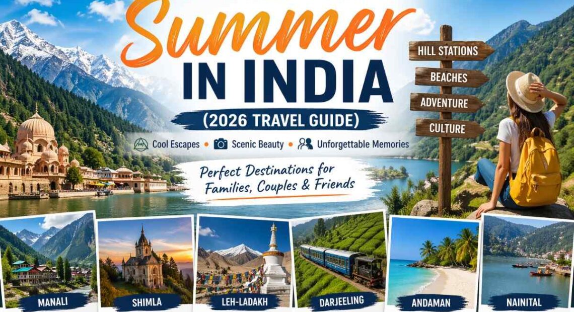 Best places to visit in summer in India including Manali, Shimla, Leh Ladakh, Andaman, and Nainital travel guide banner for 2026
