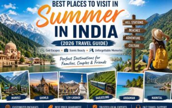 Best places to visit in summer in India including Manali, Shimla, Leh Ladakh, Andaman, and Nainital travel guide banner for 2026