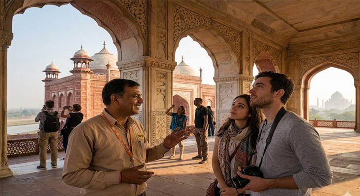 Private English-speaking guide explaining Mughal architecture at Agra Fort India — YoYo Trips India expert guide