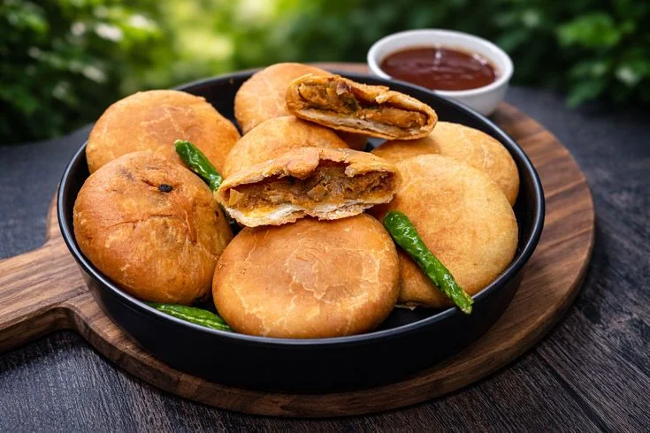 Crispy Pyaaz Kachori stuffed with spiced onion filling, served with tamarind chutney at Rawat Misthan Bhandar, Jaipur