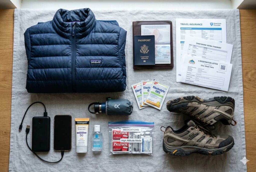 Packing essentials for Char Dham Yatra for US-based NRI travellers, including thermal layers, trekking shoes, travel documents, medications and a portable power bank