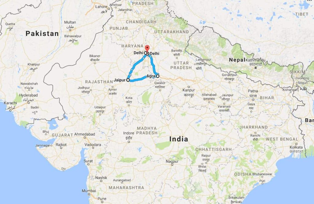 Map of the Golden Triangle route connecting Delhi, Agra, and Jaipur in North India