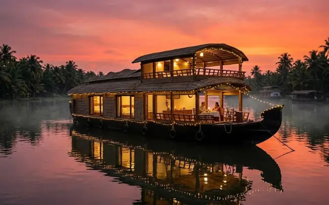 Couple enjoying a romantic houseboat cruise in Kerala backwaters