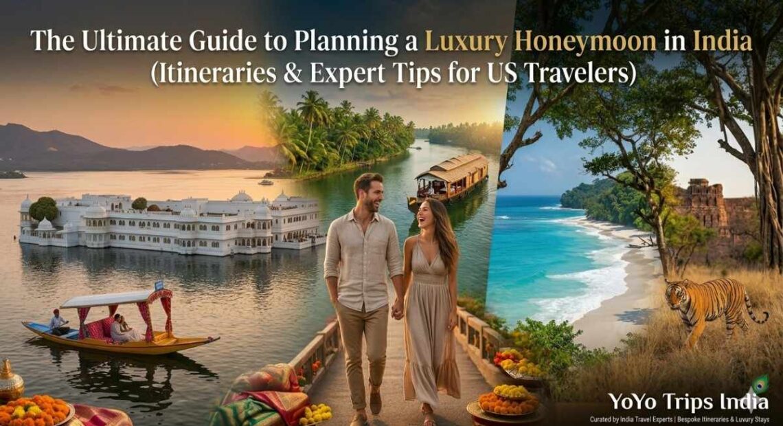 A panoramic banner image featuring a happy couple, the Taj Lake Palace in Udaipur, a Kerala houseboat, and a Royal Bengal Tiger, illustrating the ultimate guide to planning a luxury honeymoon in India.