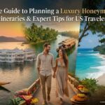 A panoramic banner image featuring a happy couple, the Taj Lake Palace in Udaipur, a Kerala houseboat, and a Royal Bengal Tiger, illustrating the ultimate guide to planning a luxury honeymoon in India.