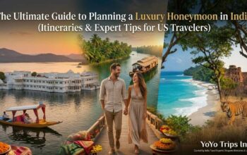 A panoramic banner image featuring a happy couple, the Taj Lake Palace in Udaipur, a Kerala houseboat, and a Royal Bengal Tiger, illustrating the ultimate guide to planning a luxury honeymoon in India.